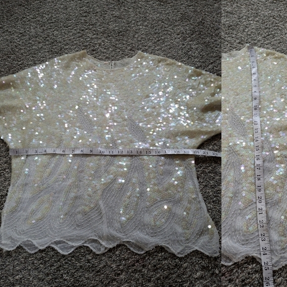 Vintage off white fully sequined & beaded 1/2 sleeve top S/M - Picture 9 of 10